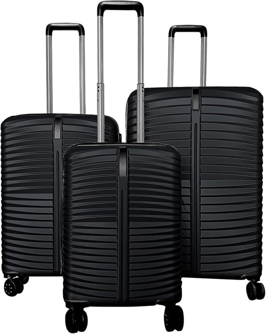 GYMAX Luggage Sets 3 Pieces Hardside Suitcase with Spinner Wheels & Lock, 20” Carry On, 24” & 28” Checked Luggage Set, Lightweight Portable for Travel, Business (Black,Pin Stripe)