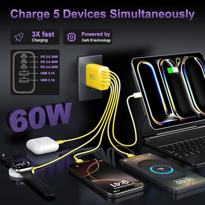 USB C Fast Wall Charger Block, 2Pack 60W USBC Charging Cubes, 5-Port PD+QC Power Adapter Multiport Brick Type C Box Plug for Phone 16/15/14/13/12/11/Pro Max/Plus, Pad Mini/Pro/S25/S24-Yellow