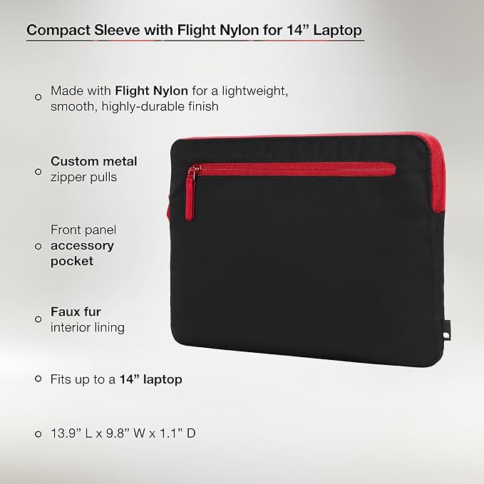 Incase Compact Laptop Sleeve with Flight Nylon - 14-inch MacBook/Laptop & iPad/Tablet Sleeve - Faux Fur Lining, Lightweight, Durable, Weather Resistant, Slip Pocket for Accessories - Black/Signal Red