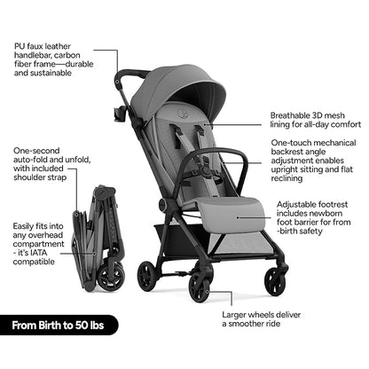 Mompush Nexis Carbon Travel Stroller, Ultra-Lightweight 11.5 lbs, Compact & Airplane Carry-On Approved, One-Second Auto-Fold, One-Hand Full Recline, from Birth to 50 lbs, JPMA Certified