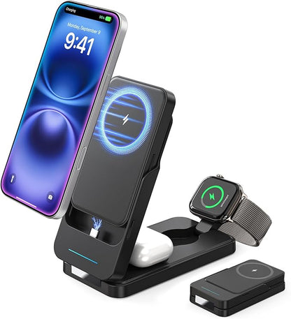 ANJANK 3 in 1 Portable Wireless Charging Station, Removable 5000mAh Mag-Safe Power Bank, Foldable Travel Magnetic Charger Stand for iPhone 17 16 15 14 13 12 Pro Max Plus, Apple Watch Series, AirPods