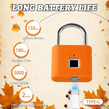 UMIKSMART Padlock, Keyless Fingerprint Padlock with USB Charging, Gym Lockers, School Lockers, Luggage, Storage Boxes, Cabinets, Backpack, Thanksgiving Gifts (Maple Leaf Orange)
