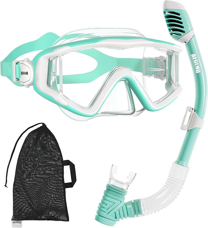 Aegend Snorkeling Gear for Adults Youth Kids, Dry Snorkel Set Panoramic View Enhanced Anti-Leak and Anti-Fog Technology, Adjustable Strap for Snorkeling Scuba Diving Swimming with Mesh Bag