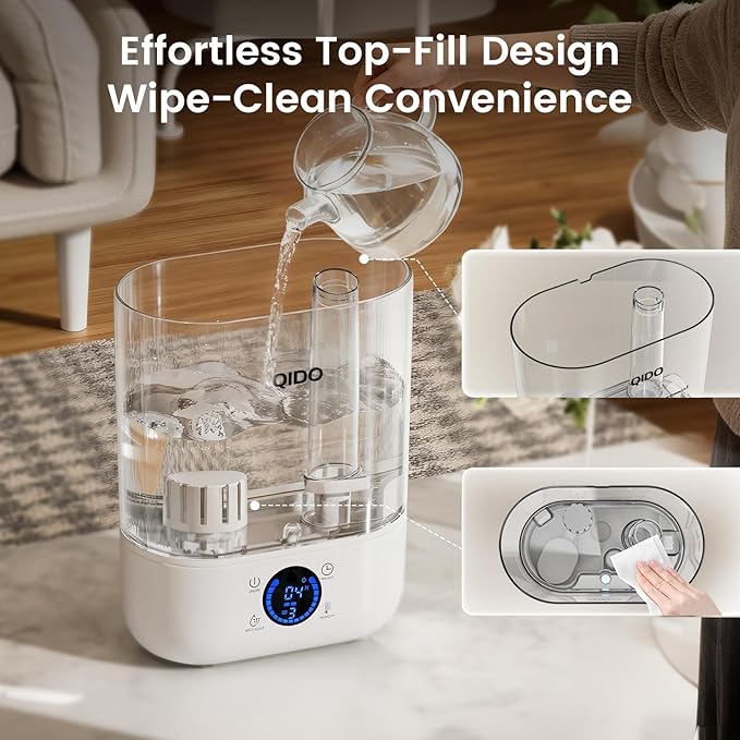 QIDO Top Fill Humidifiers for Bedroom, 5 L Cool Mist 36H Super Long Time, Quiet 28dB Essential Oil Diffuser for Baby & Plants, 3 adjustable Mist with Touch/APP/7-color Nightlight, Auto Shut-off, White