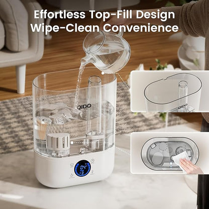 QIDO Top Fill Humidifiers for Bedroom, 5 L Cool Mist 36H Super Long Time, Quiet 28dB Essential Oil Diffuser for Baby & Plants, 3 adjustable Mist with Touch/APP/7-color Nightlight, Auto Shut-off, White