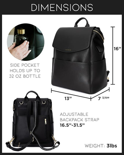 MIA + SOPHIA Leather Diaper Bag Backpack with USB Charging port, Changing Pad, Stroller Straps, and Bottle Holder (Black Olivia)