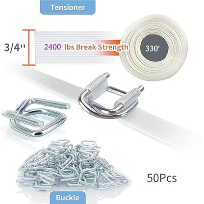 Composite Polyester Cord Strapping Kit, 3/4" x 330' Composite Polyester Cord Strapping Roll with 50 Pack Metal Wire Buckles, 2400 lbs Break Strength