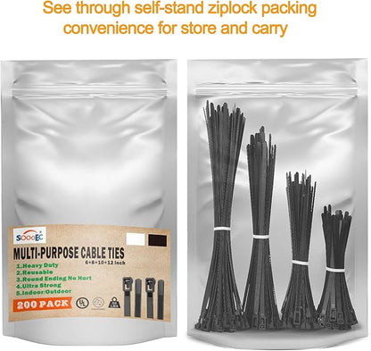 SOOOEC 200 Pack Reusable Zip Ties Assorted Sizes 6+8+10+12 inch UV Resistant, Black Zip Ties Heavy Duty Outdoor Releasable Round Ending No Hurt, Cable Ties Reusable Tie Wraps Indoor Non Slip Off