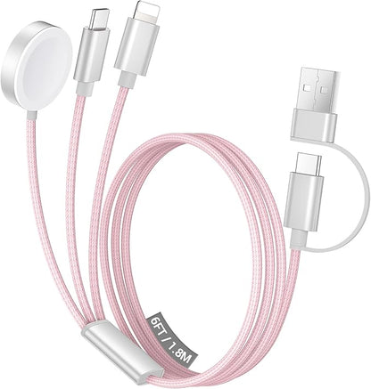 Temdan for Travel Vacation Essentials,3 in 2 USB C Cable for Apple Watch Charger/iPhone 17 Charger/Lightning,Multi Charging Cable Cord,Camping Essentials,Designed for iWatch &iPhone 16-12-6FT Pink