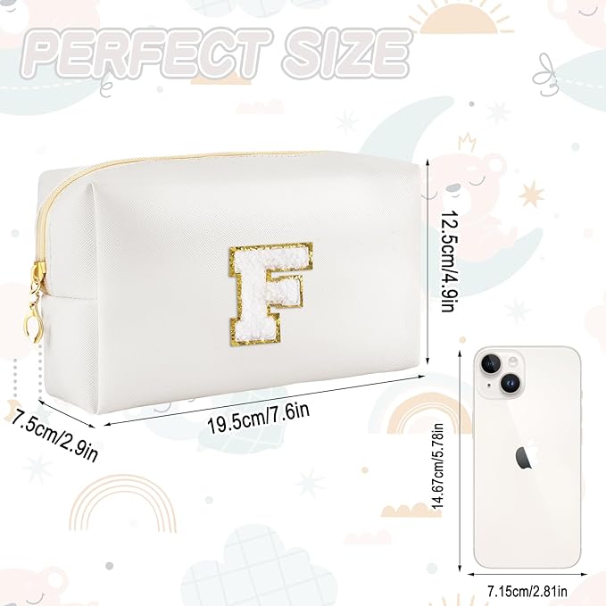 Gifts for Girls Initial Makeup Bag Personalized Cosmetic Bag with Zipper Cute Travel Toiletry Bags Waterproof PU Preppy Makeup Pouch Birthday Gift for Teen Girls Women(White F)