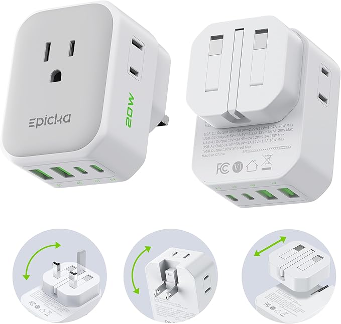 EPICKA Hybrid Travel Plug Adapter, 2 Packs Foldable & Detachable Type G (UK) VisaPlug, 8-in-1 International Power Adapter with 4 USB Ports (2 USB-C PD 20W), Travel Essentials for US to England