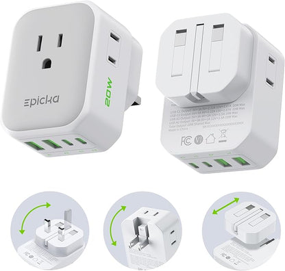 EPICKA Hybrid Travel Plug Adapter, 2 Packs Foldable & Detachable Type G (UK) VisaPlug, 8-in-1 International Power Adapter with 4 USB Ports (2 USB-C PD 20W), Travel Essentials for US to England