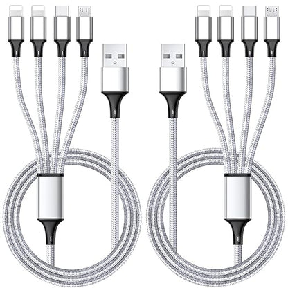 Puxnoin Multi Charging Cable, Multi USB Cable 2Pack 4FT Universal 4 in 1 Multiple USB Cable Fast Charging Cord with Type-C, Micro USB Connectors for Cell Phones Tablets, Silver