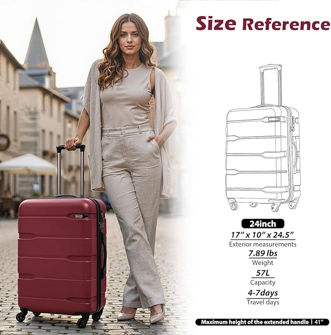 Coolife Luggage PC+ABS Hardshell Suitcase with TSA Lock, Spinner Checked Lightweight (Radiant Pink, 24in)