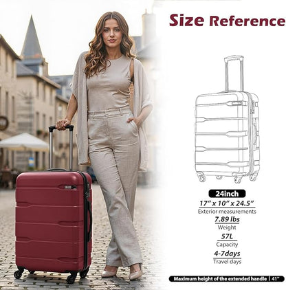 Coolife Luggage PC+ABS Hardshell Suitcase with TSA Lock, Spinner Checked Lightweight (Radiant Pink, 24in)