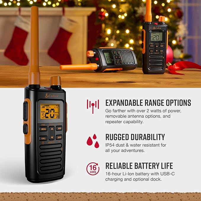 Cobra TrailBlazer 450 GMRS Radio (2-Pack) – IP54 Weather Resistant, 16hr Battery, 2.5W Long Range Walkie Talkies, Large LCD Display, NOAA, Programmable Software, Removable Antenna, Repeater Capable