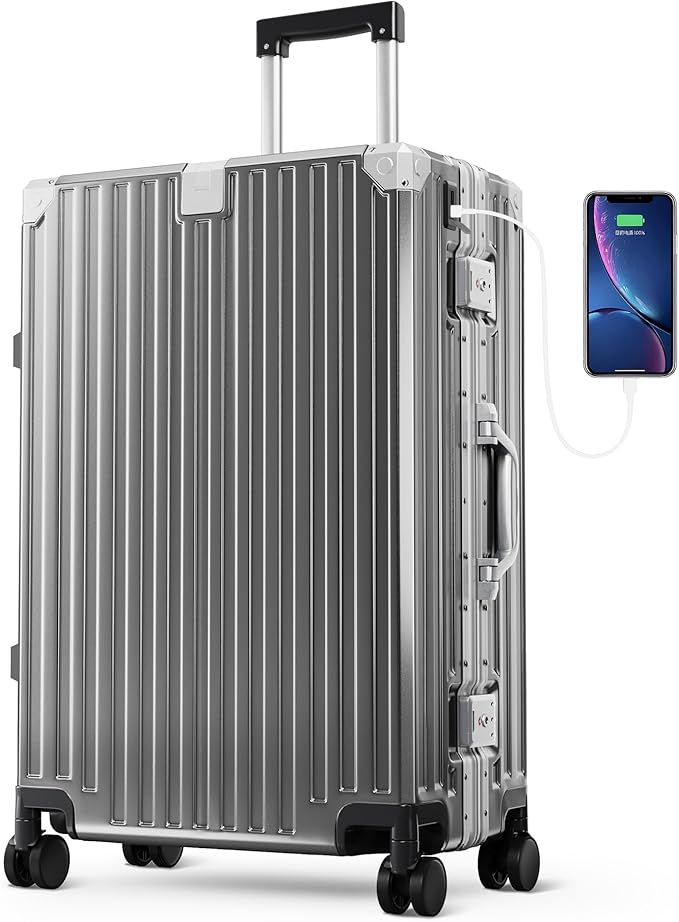 ALPHA CAMP 24 Inch Check-in Luggage, Dual Layer Aluminum Frame Luggage with TSA Locks, 3-Layer PC Hard Shell Zipperless Lightweight Hardside Travel Suitcase, Type-C USB Charging Port, Cup Holder Grey