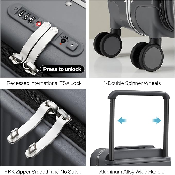 mixi Carry On Luggage 20'' Suitcase with Front Laptop Pocket, Wide Handle Rolling Travel Suitcases PC Hardshell with Aluminum Frame Spinner Wheels & TSA Lock, Carry-On Luggage(Rock Grey)