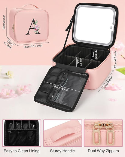 Relavel Initial Makeup Bag with LED Mirror for Women Girls, Personalized Travel Cosmetic Organizer Train Case, Birthday Gifts for Grandkids Bridesmaid Graduation Teacher Friends, Trendy Stuff, Pink L