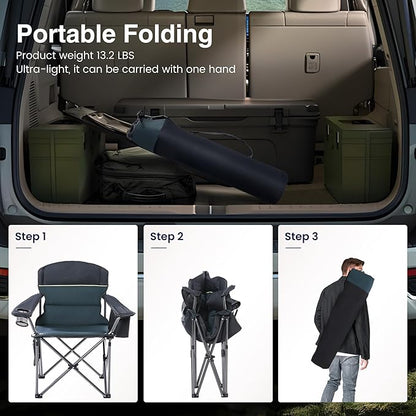 HIGH POINT SPORTS Oversized Camping Folding Chair, Heavy Duty Portable Outdoor Chair, Foldable Camp Chair with Cup Holder and Cooler Bag Support 450 LBS, 2 Pack, Green
