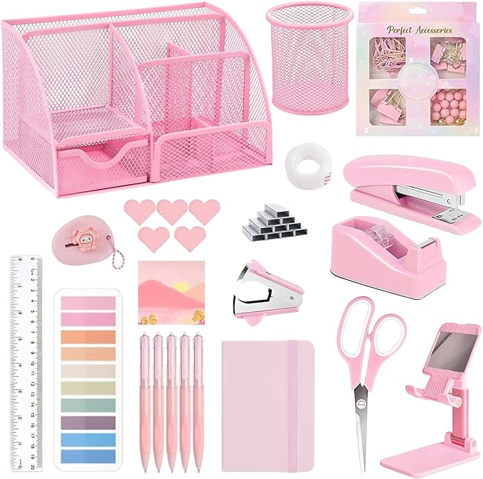 Office Supplies,Desk Accessories,Stapler and Tape Dispenser Set,1000 Staples,Staple Remover,Pen Holder,Folding Phone Holder,Journal Notebook,Ballpoint Pen,Scissor,Ruler,Clear Tape,Sticky Notes,Ect