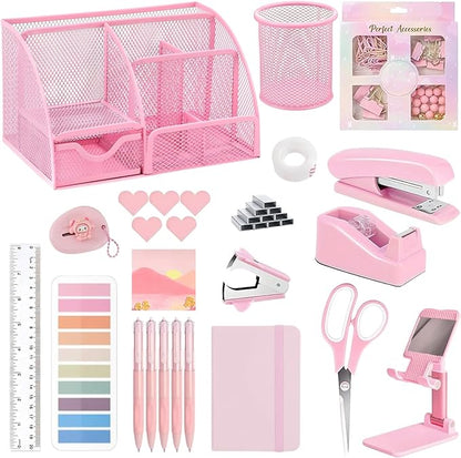 Office Supplies,Desk Accessories,Stapler and Tape Dispenser Set,1000 Staples,Staple Remover,Pen Holder,Folding Phone Holder,Journal Notebook,Ballpoint Pen,Scissor,Ruler,Clear Tape,Sticky Notes,Ect
