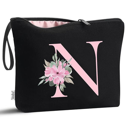 Vavabox A-Z Personalized Makeup Bag, Birthday Gifts for Women Mom, Gifts for Best Friend, Bride Bridesmaid Cosmetic bag (N, Black)