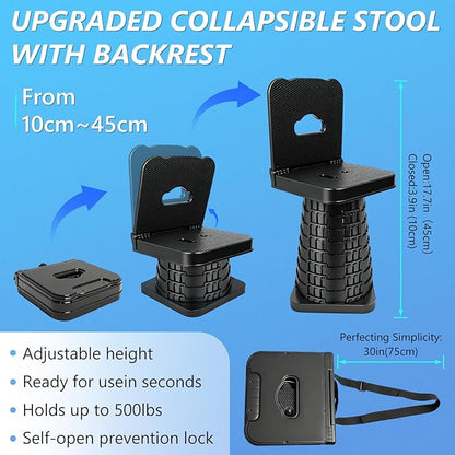 Upgraded Collapsible Stool with Backrest, Portable Telescopic Seat with Carry Bag, Square Folding Stool for Camping Gardening Fishing Hiking BBQ, Max Load Capacity 550lbs