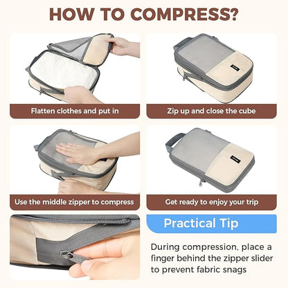 BAGAIL 6 Set Lightweight Compression Packing Cubes with Packing List, Anti-Tearing Expandable Organizer Bags for Travel, Beige