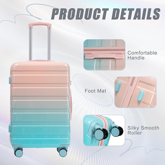 Campfun 3 Piece Luggage Sets, PC Gradient Color Suitcase Set with Double Spinner Wheels, Durable Carry On Luggage with Combination Lock, 20/24/28 inch, Pink+Blue