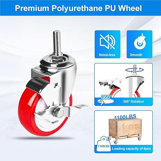 4 inch Stainless Steel Caster Wheels Heavy Duty, 3/8"-16x1 Threaded Stem Casters with Side Brake, Rust Resistant, Red Polyurethane PU Wheels for Hospital, Lab, Furniture, Restaurant
