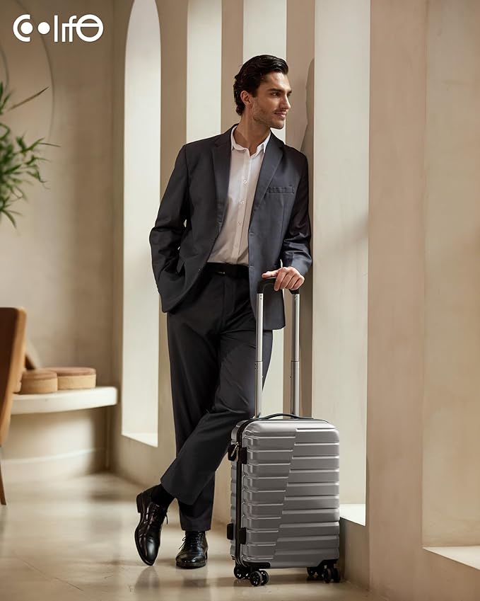 Coolife Carry On Luggage Airline Approved with Wheels Hard Shell Suitcase Spinner TSA Lock Telescopic Handle 20-inch,Silver