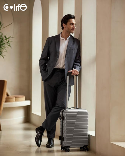 Coolife Carry On Luggage Airline Approved with Wheels Hard Shell Suitcase Spinner TSA Lock Telescopic Handle 20-inch,Silver