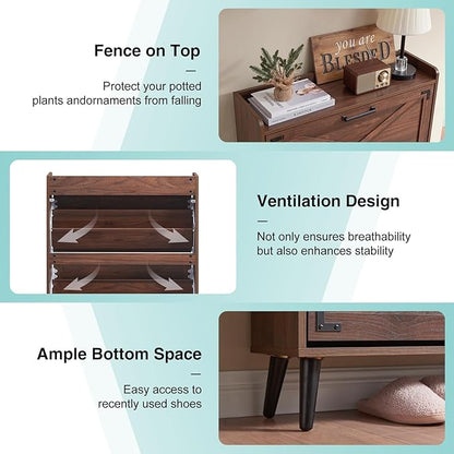 Shoe Storage Cabinet,Farmhouse Shoe Organizer with 2 Flip Drawers & Barn Door Design,Freestanding Hidden Slim Narrow Shoe Rack Cabinet for Entryway,Foyer,Hallway,Walnut