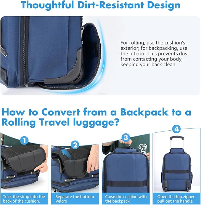17.7inch Rolling Backpack With Wheels for Adults, Roller Carry On Luggage Wheeled Backpack, Rolling Laptop Backpack for Men Women to Travel Business, Blue
