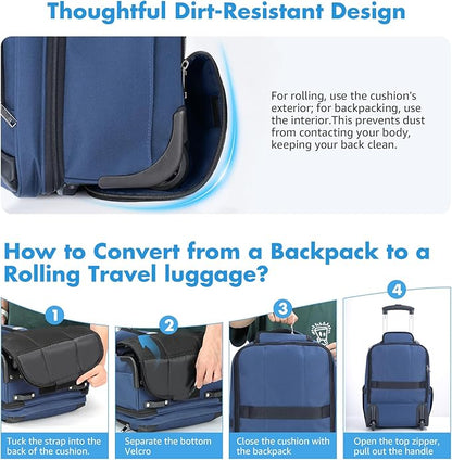 17.7inch Rolling Backpack With Wheels for Adults, Roller Carry On Luggage Wheeled Backpack, Rolling Laptop Backpack for Men Women to Travel Business, Blue