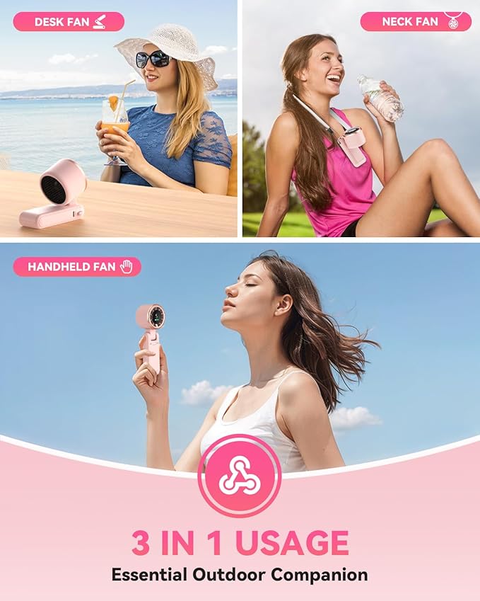 Portable Handheld Turbo Fan, 5-Speed Personal Fans, 5000mAh Rechargeable Fans Up to 12 Hours, Weight only 0.6lb Small Fan, Hand/Neck/Desk Fan 3 IN 1, Beach Vacation Essentials(Pink)