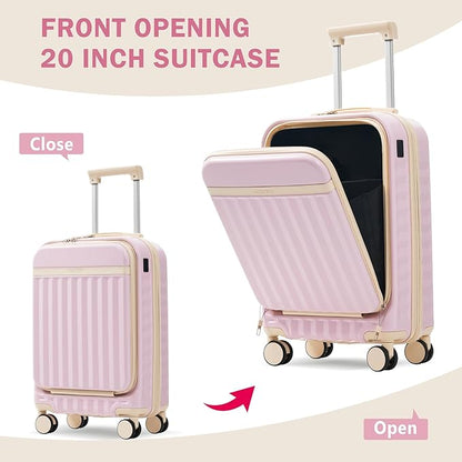 Merax Luggage Sets 2 Piece Front Opening, Hardside Lightweight Carry on Suitcase with USB Port,Durable Expandable Luggage with Bags Spinner Wheels and TSA Lock,Pink