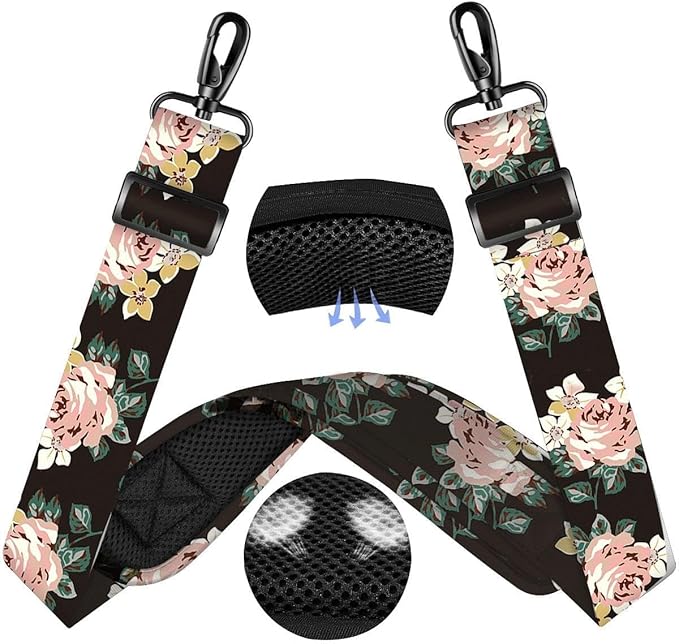 ZINZ 60" Universal Bag Strap with Ultra-Thick Fixed Breathable Pad Adjustable Heavy-Duty Shoulder Strap for Laptop Bag Crossbody Luggage Gym Bag Camera Bag and More,Black Flower