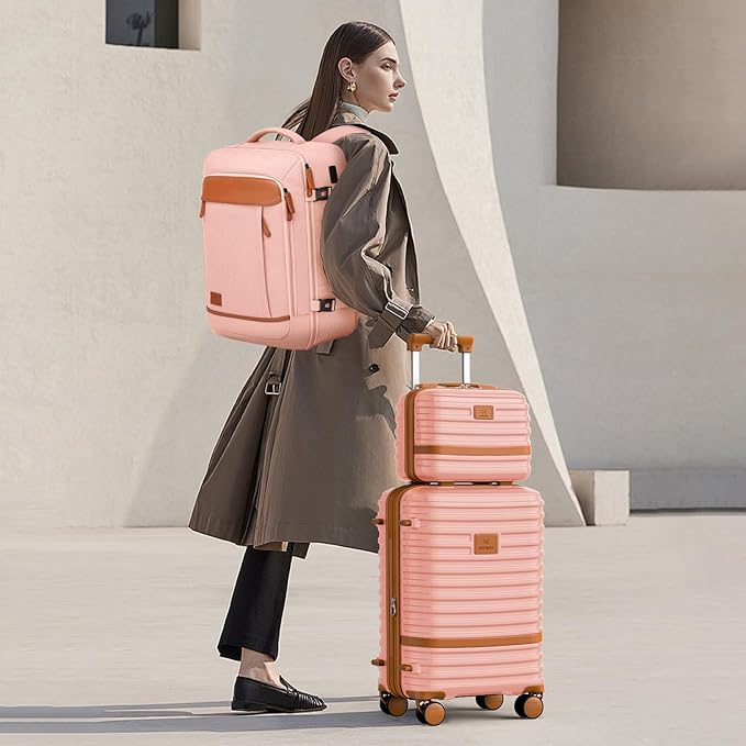 Joyway Expandable Carry on Luggage Sets Airline Approved, Lightweight Hard Shell 20 Inch Carry-on Suitcase with Spinner Wheels, Pink Brown