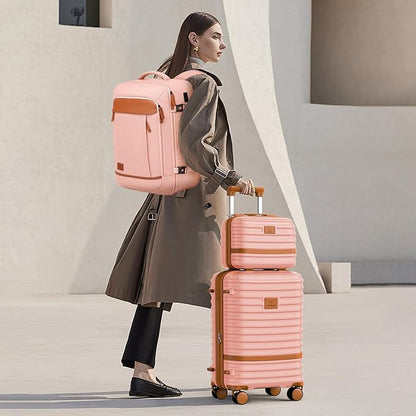Joyway Expandable Carry on Luggage Sets Airline Approved, Lightweight Hard Shell 20 Inch Carry-on Suitcase with Spinner Wheels, Pink Brown