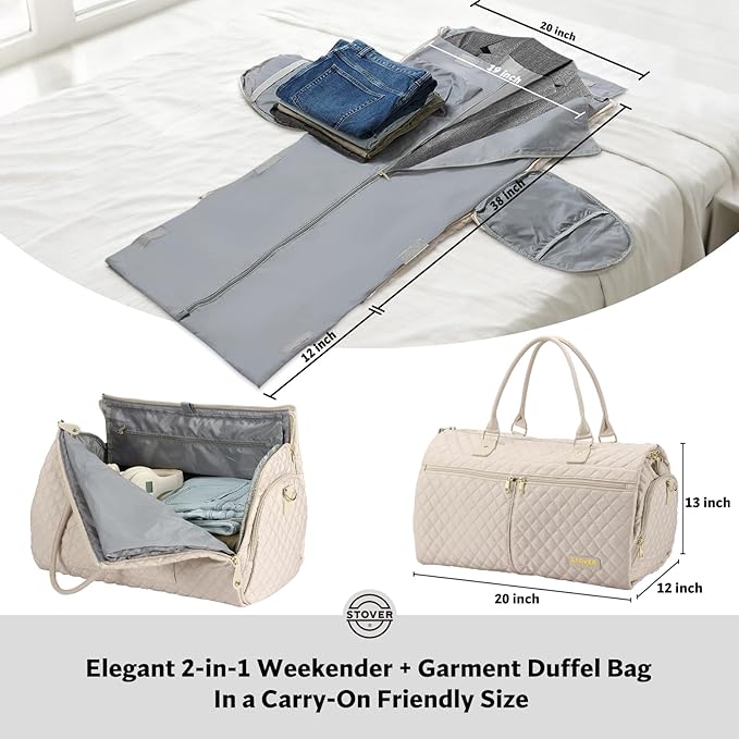 STOVER Women’s Convertible Garment Duffel Bag for Travel – 2-in-1 Carry-On Weekender/Overnight Tote - Wrinkle-Free Dresses, Hanging Suits & Clothes + Shoe Compartment & Bonus Toiletry Bag (Cream)