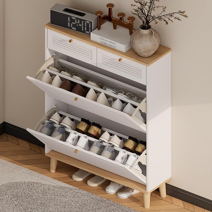 Spaco Shoe Storage Cabinet with 2 Flip Drawers for Entryway,Narrow Shoe Rack Organizer Cabinet with Oak Top and 2 Storage Drawers for Hallway,Entrance
