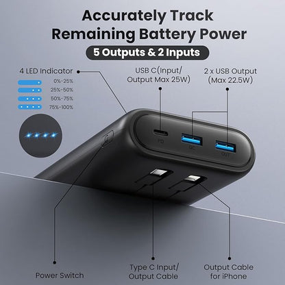 Upgraded Portable Charger 40800mAh Power Bank - Portable Battery with 2 Built in Cables,PD 25W USB C Fast Charging Battery Pack Compatible with iPhone 17 16 15 14 13 Android Phone etc-Black