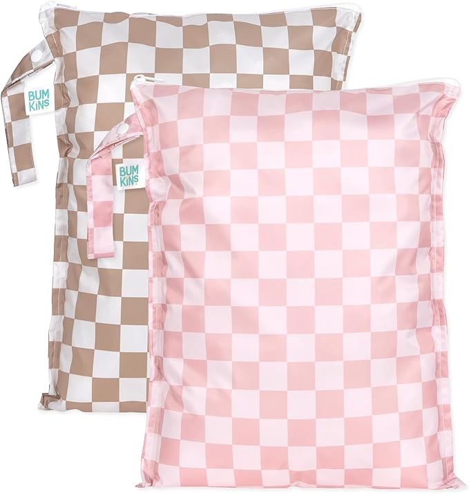 Bumkins - Larger Waterproof Wet Bag - For Baby, Travel, Swim Suit, Cloth Diapers, Pump Parts, Pool, Gym, Toiletry, Strap to Stroller - Reusable & Easy to Clean - 2pk - Beige & Pink Check