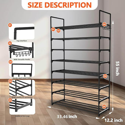 8 Tiers Metal Shoe Rack,Adjustable Shoe Shelf Storage Organizer with Hooks,Stackable Boot & Shoe Storage,for Entryway,Hallway,Closet,Black
