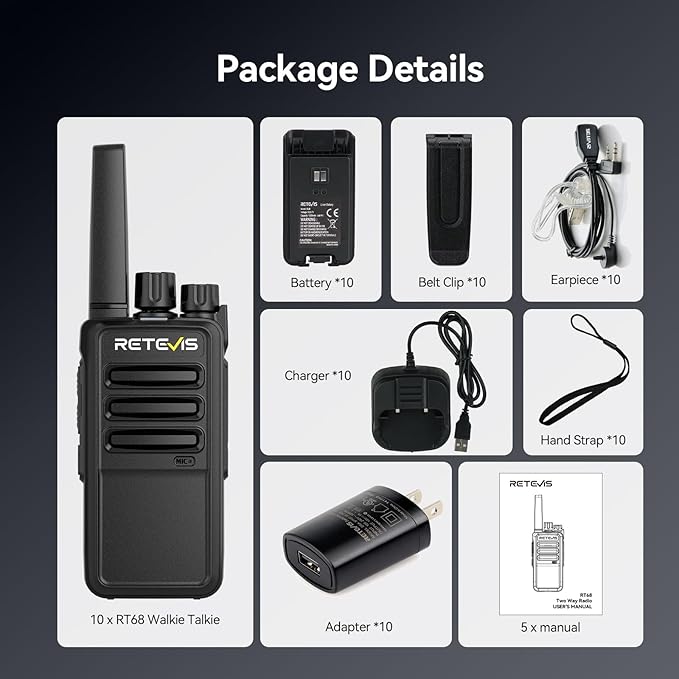 Retevis RT68 Two-Way Radios Long Range, Walkie Talkies for Adults, 2 Way Radio with Earpiece, Walkie Talkie Rechargeable with Charging Base, for Manufacturing Restaurant Business School(10 Pack)