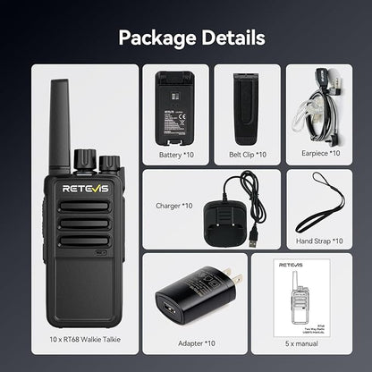 Retevis RT68 Two-Way Radios Long Range, Walkie Talkies for Adults, 2 Way Radio with Earpiece, Walkie Talkie Rechargeable with Charging Base, for Manufacturing Restaurant Business School(10 Pack)