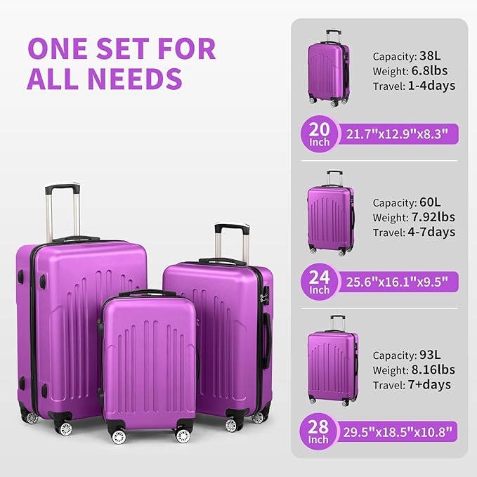 Karl home Luggage Sets 3 Piece, ABS Hardside Suitcase Set with Double Spinner Wheels & TSA Lock for Travel Business, 3-Piece Set (20/24/28), Purple