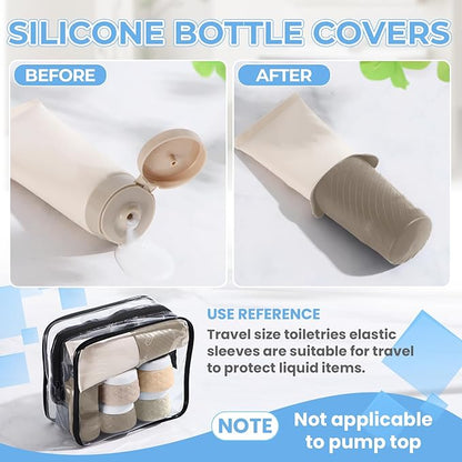 16Pack Travel Bottles for Toiletries, TSA Approved Travel Size Toiletries Containers Set, Silicone Leak Proof Refillable Bottles Elastic Sleeves Creams Jars Accessories Kit W/Clear Bag (Cream)